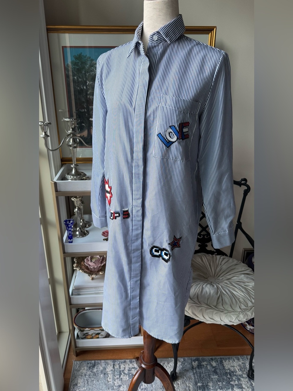 Blue Striped Long-Sleeve Patch Shirt Dress